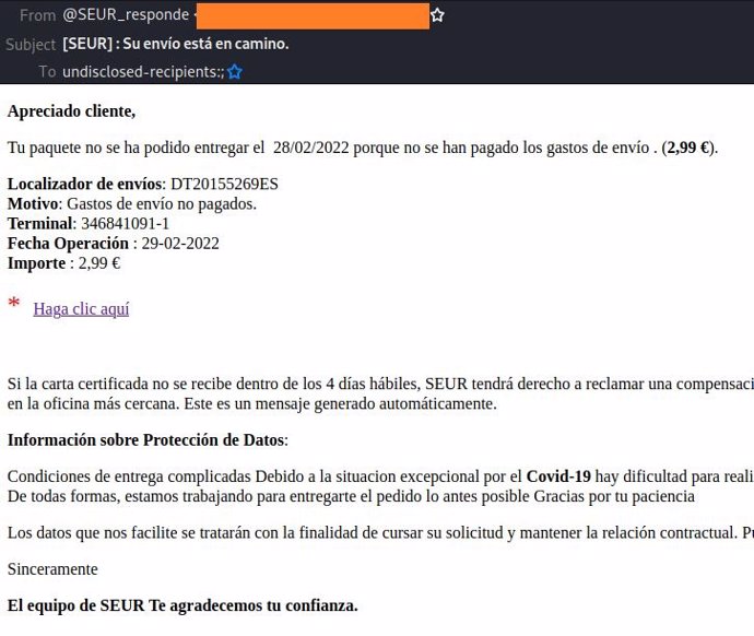 Correo fraudulento en intento de phising