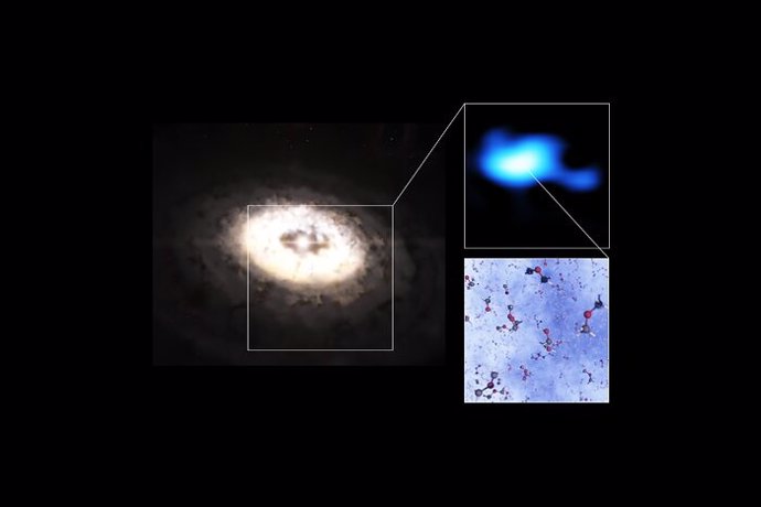 Esta composición nos muestra una reproducción artística del disco de formación de planetas que hay alrededor de la estrella IRS 48, también conocida como Oph-IRS 48.
