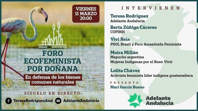 Cartel de foro ecofeminista organizado por Adelante Andalucía sobre Doñana, el viernes 11 de marzo de 2022.