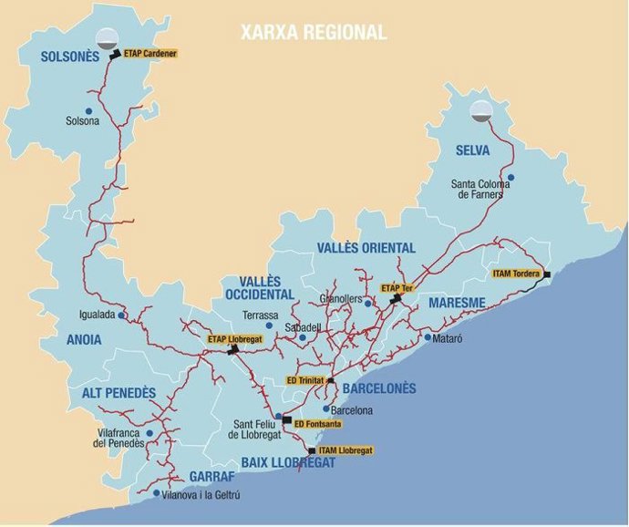 Mapa de la xarxa regional de provement d'aigua Ter Llobregat