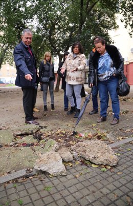 El candidato del PP a la Alcaldía de Sevilla, José Luis Sanz, muestra los problemas en el pavimento en el barrio del Juncal