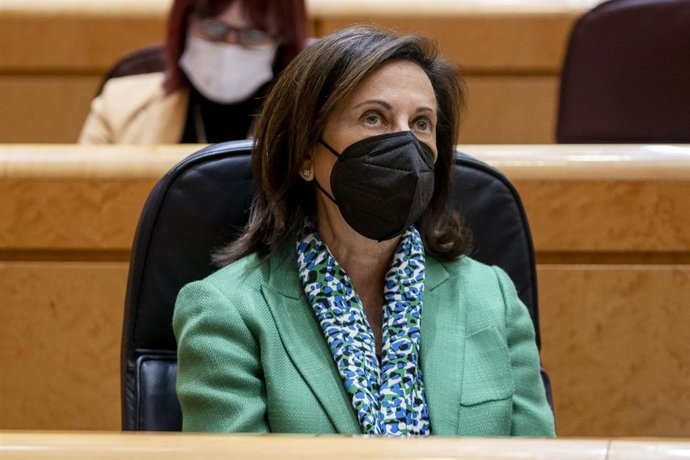 La ministra de Defensa, Margarita Robles, en una sesión de control al Gobierno en el Senado, a 8 de marzo de 2022, en Madrid (España).