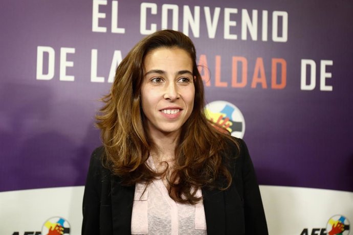 Archivo - Ainhoa Tirapu, player of Athletic Club, is seen during a press conference for the claim of the rights of professional women football players at the offices of the Association of Spanish Footballers AFE on January 20, 2020, in Madrid, Spain.