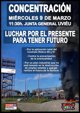 CCOO y CSI convocan este miércoles una concentración de trabajadores de ArcelorMittal ante la Junta General