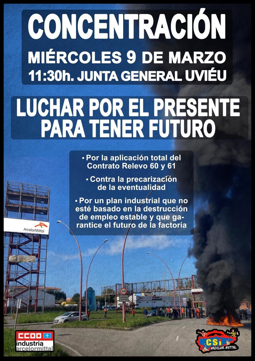 CCOO y CSI convocan este miércoles una concentración de trabajadores de ArcelorMittal ante la Junta General