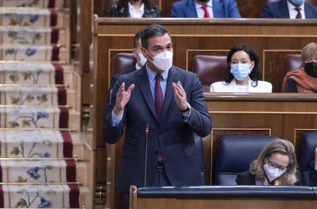El presidente del Gobierno, Pedro Sánchez, interviene en una sesión plenaria, en el Congreso de los Diputados, a 9 de marzo de 2022, en Madrid (España). 