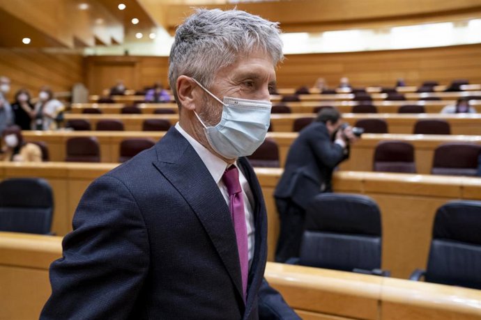 El ministro de Interior, Fernando Grande-Marlaska, a su llegada a una sesión de control al Gobierno en el Senado