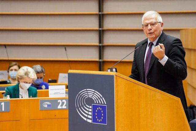 HANDOUT - 01 March 2022, Belgium, Brussels: High Representative of the European Union for Foreign Affairs and Security Policy, Josep Borrell, delivers a speech during an extraordinary plenary session of the European Parliament on the situation in Ukraine 