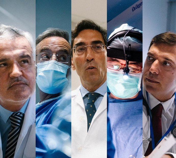 Juan Delgado, coordinador de cardiología clínica del ICV, Carlos Macaya, coordinador de cardiología intervencionista del ICV, Julián Pérez-Villacastín, director del ICV y coordinador del área de arritmias, y Luis Maroto, coordinador de cardiología clíni