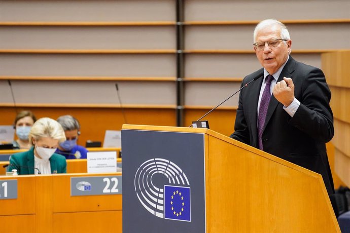 HANDOUT - 01 March 2022, Belgium, Brussels: High Representative of the European Union for Foreign Affairs and Security Policy, Josep Borrell, delivers a speech during an extraordinary plenary session of the European Parliament on the situation in Ukrain