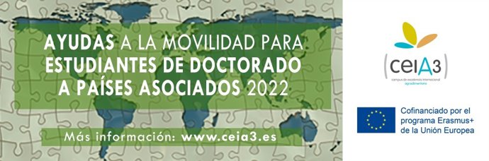 Imagen promocional de la convocatoria del ceiA3 de nuevas ayudas para estudiantes de Doctorado de Erasmus+.