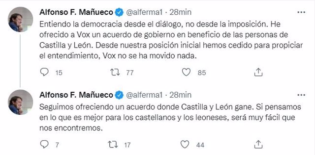 Mensajes de Alfonso Fernández Mañueco en Twitter sobre la falta de acuerdo con Vox.