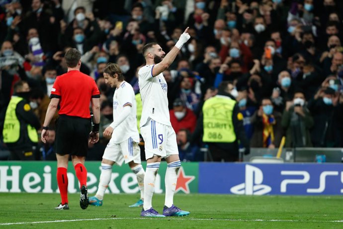 Karim Benzema of Real Madrid celebrates a goal during the UEFA Champions League, round of 16 - second leg, football match played between Real Madrid and Paris Saint Germain - PSG at Santiago Bernabeu stadium on March 09, 2022, in Madrid, Spain.