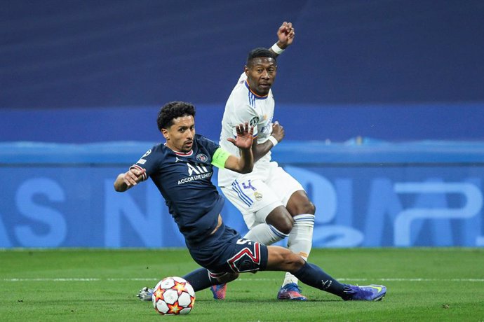 Marcos "Marquinhos" Aoas of PSG and David Alaba of Real Madrid in action during the UEFA Champions League, round of 16 - second leg, football match played between Real Madrid and Paris Saint Germain - PSG at Santiago Bernabeu stadium on March 09, 2022, 