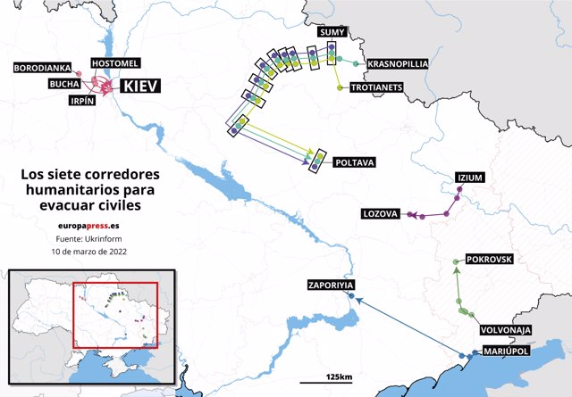 Mapa con corredores humanitarios para evacuar civiles en Kiev el 10 de marzo de 2021