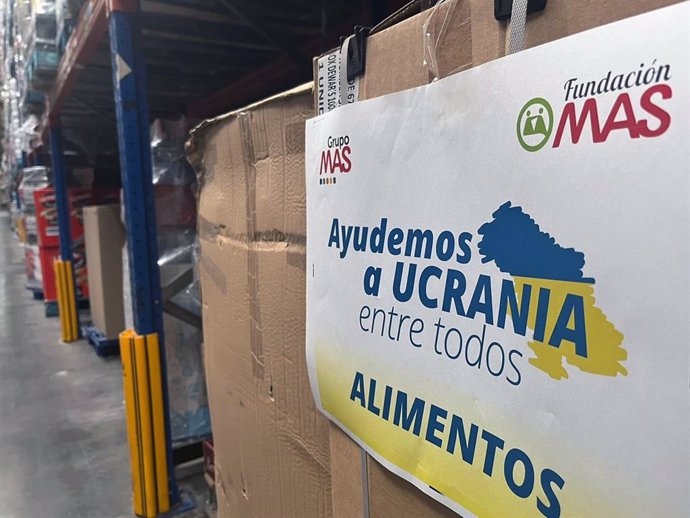 Alimentos y productos de higiene que serán enviados a Ucrania tras la donación del Grupo Mas y su Fundación.