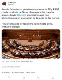 Soria ¡Ya! critica que el PP haya preferido pactar con Vox "aun sabiendo" que su plataforma "se abstendría"