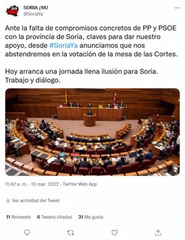 Captura del tuit de Soria ¡Ya! en el que fijaba su postura.