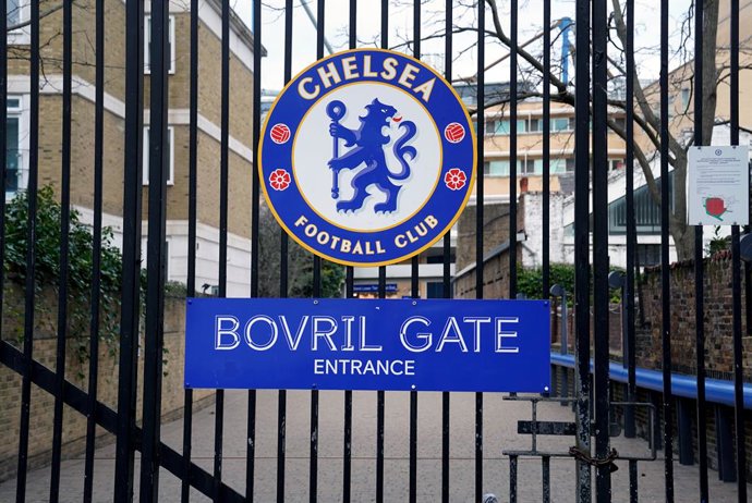 10 March 2022, United Kingdom, London: A view of the Bovril Gate Entrance at Stamford Bridge, home of Chelsea FC, London. Chelsea FC owner Roman Abramovich has been sanctioned by the UK for his links to Vladimir Putin as the Government pressures Russia 