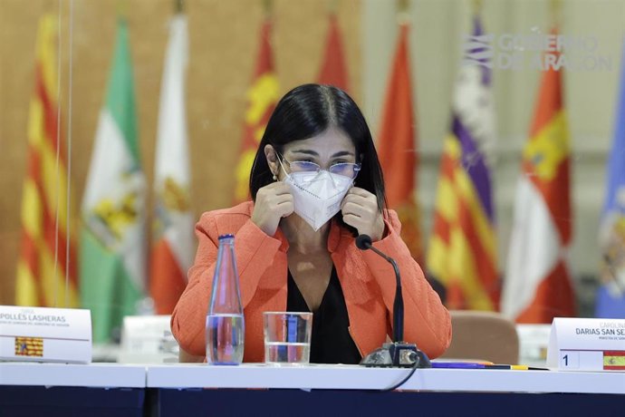 La ministra de Sanidad, Carolina Darias, en una rueda de prensa para informar de lo tratado en la Jornada del Sistema Nacional de Salud sobre Vigilancia de Salud Pública, en el Edificio Pignatelli de Zaragoza, a 10 de marzo de 2022, en Zaragoza, Aragón 