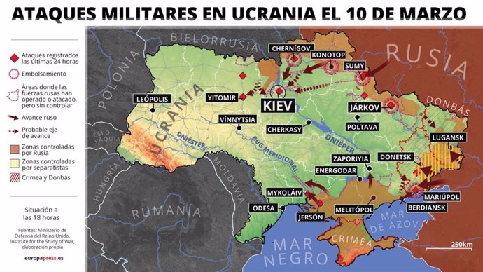 Mapa con ataques militares en Ucrania el 10 de marzo de 2022 (estado a las 18 horas). Las autoridades de Ucrania tienen previsto abrir este jueves tres corredores humanitarios desde la región de Sumy en el noreste hacia la ciudad ucraniana de Poltava.