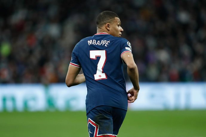 Kylian Mbappe of PSG looks on during the UEFA Champions League, round of 16 - second leg, football match played between Real Madrid and Paris Saint Germain - PSG at Santiago Bernabeu stadium on March 09, 2022, in Madrid, Spain.