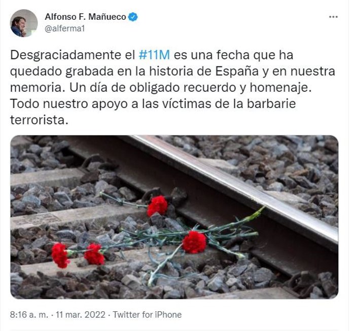 Tuit de Fernández Mañueco en recuerdo de las víctimas del 11M.