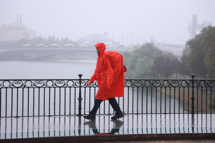 Una persona cruza un puente en Sevilla este viernes bajo la lluvia.