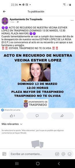 Cartel anunciador de la concentración convocada en recuerdo de Esther López de la Rosa.