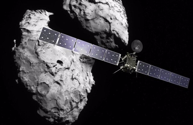 Ilustración del cometa CG/67P con la nave Rosetta