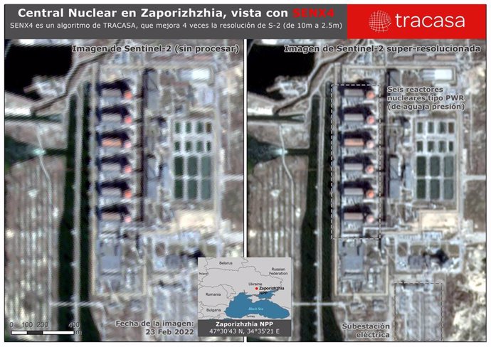 Dos imágenes de la central nuclear de Zaporizhzhia (Ucrania). A la izquierda, imagen de Sentinel-2. A la derecha, imagen de Sentinel-2 superresolucionada con la tecnología SENX4.  Tracasa ofrece imágenes superresolucionadas de la zona de Ucrania.