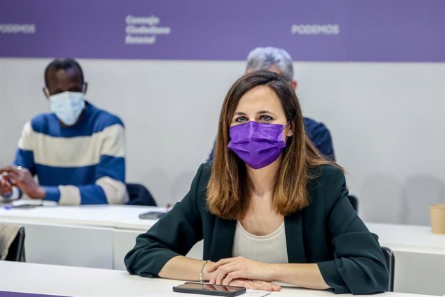 La secretaria general de Podemos y ministra de Derechos Sociales y Agenda 2030, realiza la intervención de apertura del Consejo Ciudadano Estatal de Podemos, en la sede de Podemos, a 11 de marzo de 2022, en Madrid (España). Durante este CCE, Podemos ha re