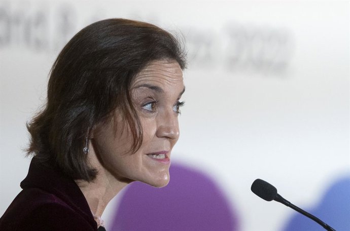 La ministra de Industria, Comercio y Turismo, Reyes Maroto, clausura la jornada 'Mujer e internacionalización de la economía española', en el Ministerio de Industria, Comercio y Turismo, a 8 de marzo de 2022, en Madrid (España). Durante el acto, present