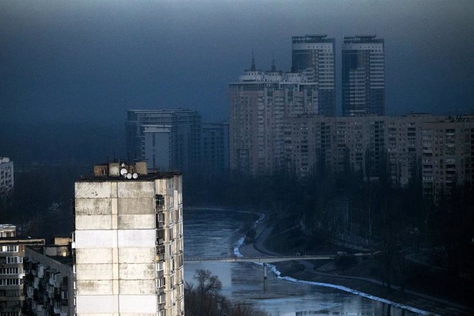 12 March 2022, Ukraine, Kiev: A view of high-rise residential buildings in Kiev in the morning, during the third week of the Russian invasion of Ukraine. Photo: -/Ukrinform/dpa