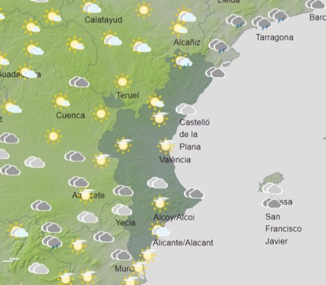 Imagen de la predicción meteorológica de la Aemet para este domingo en la Comunitat Valenciana.