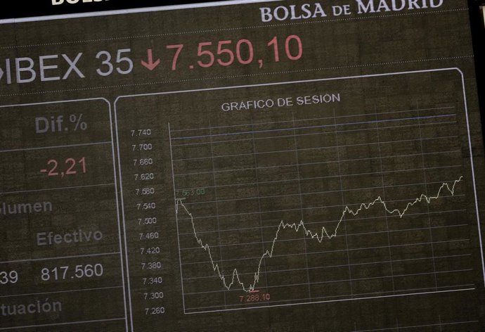 Un gráfico del Ibex 35 en el Palacio de la Bolsa, a 7 de marzo de 2022, en Madrid (España). 