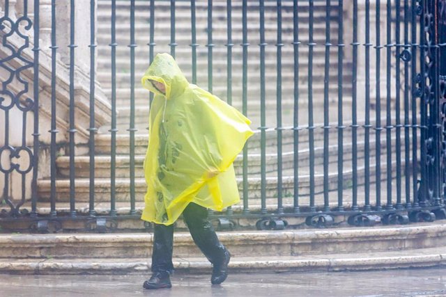 El paraguas y los impermeables han sido los protagonistas por las intensas lluvias caída en el día de hoy en la capital a 14 de marzo del 2022 en Málaga (Andalucía, España)