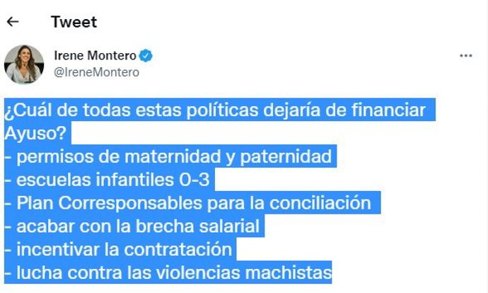 Tweet de Irene Montero