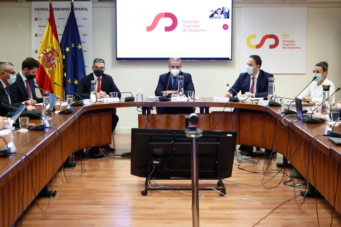 Jose Manuel Franco, President of the CSD, presides the meeting of the CSD Board of Directors to approve the Statutes of the Women's Professional Soccer League held at the CSD on March 14, 2022, in Madrid, Spain.