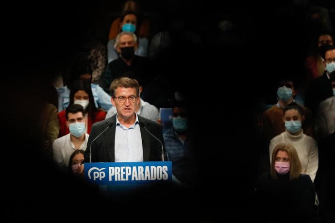 El presidente de la Xunta y candidato a la Presidencia del Partido Popular, Alberto Núñez Feijóo, interviene en un encuentro con simpatizantes. 