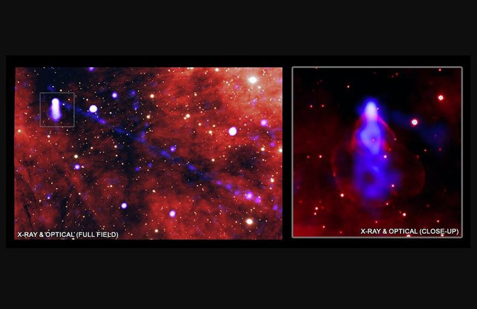 Una estrella comprimidad libera un gigantesco rayo de materia y antimateria