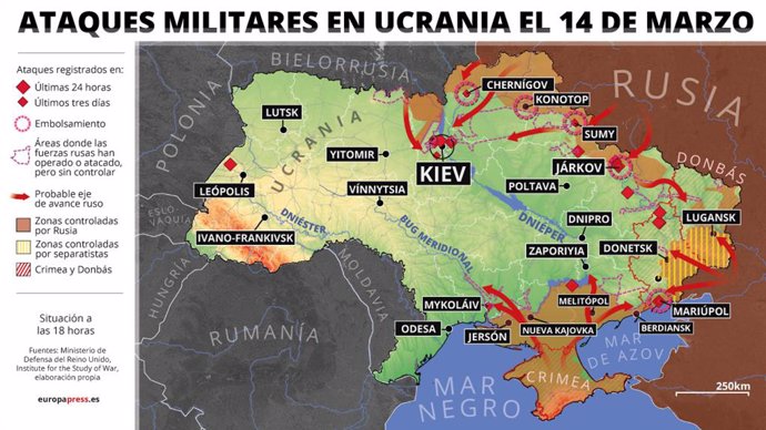 Mapa con ataques militares en Ucrania el 14 de marzo de 2022 (estado a las 18 horas). Al menos una persona ha muerto y más de diez han resultado heridas este lunes por el impacto de un proyectil contra un edificio de apartamentos en la capital de Ucrani