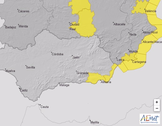 Avisos por alerta amarilla en la costa de Almería y el Levante.