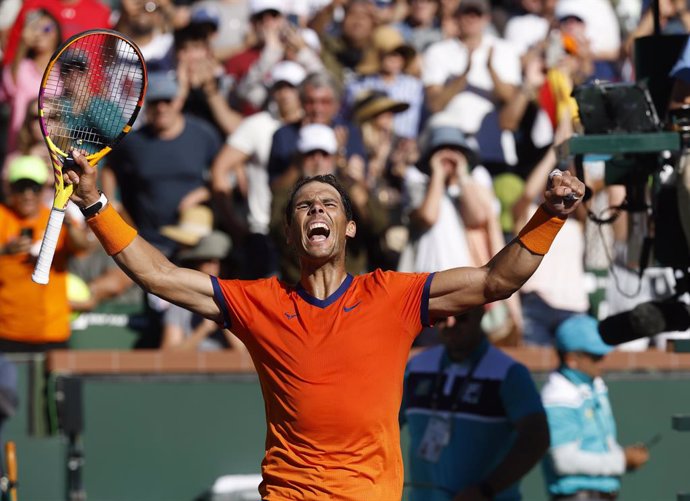 12 March 2022, US, Indian Wells: Spainsh tennis player Rafael Nadal celebrates after defeating USA's Sebastian Korda during their Men's Singles Round of 64 Tennis match of the Indian Wells Masters tennis tournament at Indian Wells Tennis Garden. Photo: 