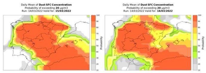Mapas facilitados por la Aemet sobre la previsión de concentración de polvo en CyL