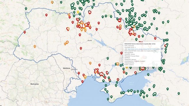 Mapa de eventos geolocalizados en Ucrania del Centro para la Resiliencia de la Información (CIR)