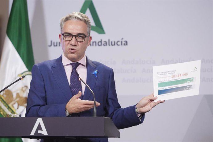 El consejero de Presidencia, Elías Bendodo, posa con un cartel con las vacunaciones contra la Covid-19 durante la rueda de prensa tras el Consejo de Gobierno andaluz en el Palacio de San Telmo, a 15 de marzo de 2022 en Sevilla (Andalucía, España)