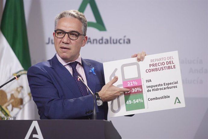El consejero de Presidencia, Elías Bendodo, posa con un cartel con el reparto del precio del combustible durante la rueda de prensa tras el Consejo de Gobierno andaluz en el Palacio de San Telmo, a 15 de marzo de 2022 en Sevilla (Andalucía, España)
