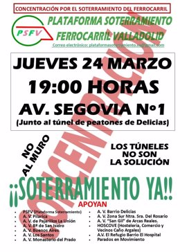 Convocatoria de concentración de la Plataforma por el Soterramiento del Ferrocarril en Valladolid para el próximo 24 de marzo.