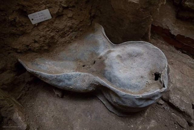 Restos del sarcófago antropomórfico excavado en Notre Dame